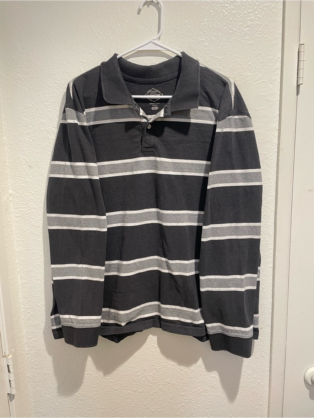St. John's Bay Men's 2XL Long Sleeve Striped Sueded Jersey Polo Shirt Gray Black
